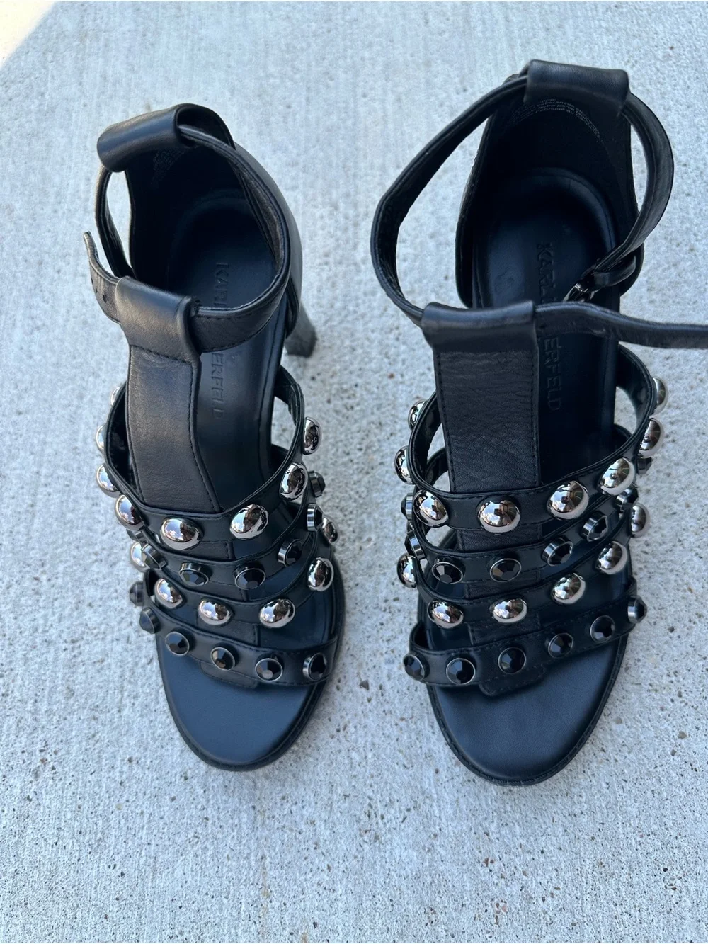 Karl Lagerfeld Black Leather Studded Strap Heels. 8.5